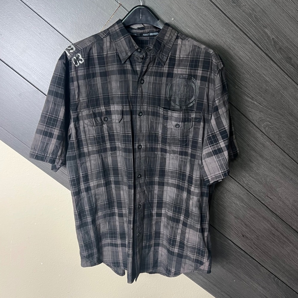 Harley-Davidson Men's Plaid Button Front Shirt Gray Black Graphic Logo L Y2K‎